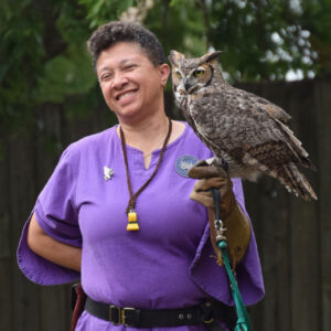 Renate Spence with a Great Horned Owl