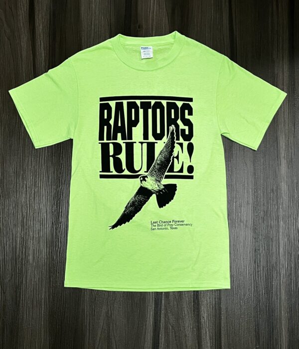 Front of neon green Raptors Rules shirt