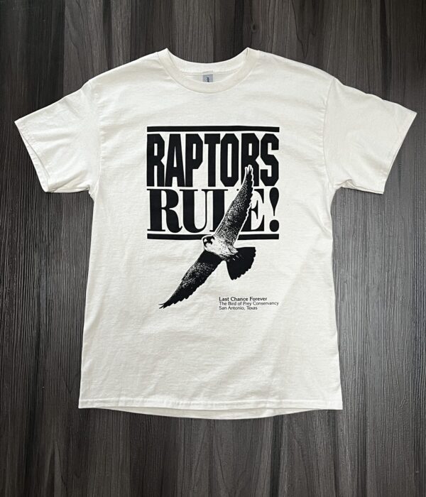 front of cream Raptors Rule shirt